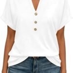 Womens Short Sleeve Henley Tops Fashion Casual V Neck Summer Tshirt | Summer Button Up Top Fashion Soft Basic Tees Blouses Spring Comfortable Classic Clothing Resort Wear for Women