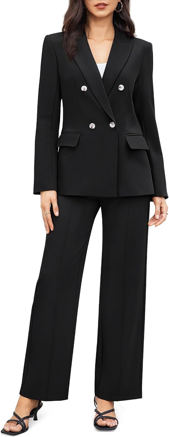 61utqoAAwL._AC_SL1500_.jpg Women's 2 Piece Business Casual Outfits Double Breasted Blazer Dressy Wide Leg Work Pants Suits Set - Image 1