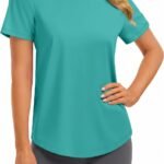 Soft Workout Tops for Women Short Sleeve Crewneck Basic Tee Shirts | UPF 50+,Quick Dry,Moisture-wicking,Regular Fit,Tagless,Hip Length,Curved Hem,Hiking,Running,Gardening,Casual