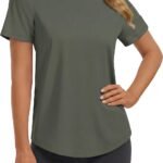 Soft Workout Tops for Women Short Sleeve Crewneck Basic Tee Shirts | UPF 50+,Quick Dry,Moisture-wicking,Regular Fit,Tagless,Hip Length,Curved Hem,Hiking,Running,Gardening,Casual