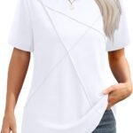 Womens Summer Tops  Pleated Round Neck Short Sleeve Shirts Business Casual