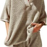 Womens Sweater Set 2 Piece Outfits 3/4 Sleeve Tops Shorts Lounge | Knit V Neck High Waisted Oversized Sets