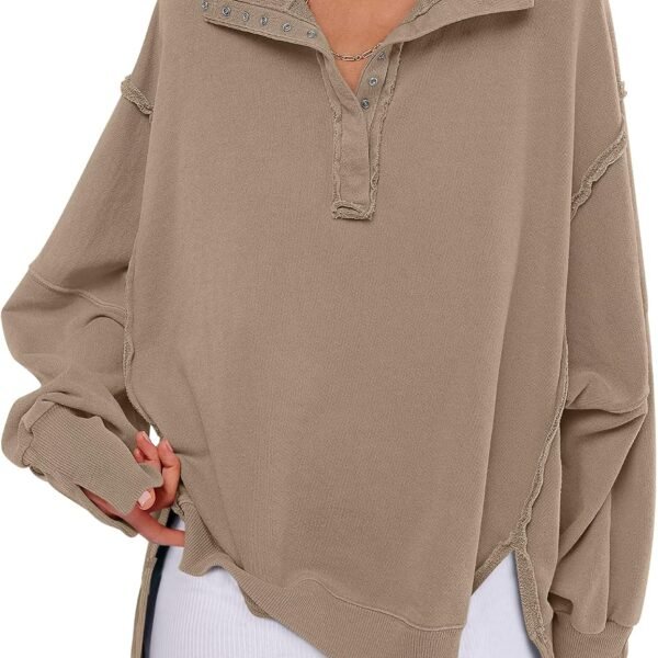Sweatshirt for Women Oversized Henley Fall Outfits | Button Up High Low Hem Pullover Tops,Loose Fit Slit Side Tunic Sweatshirts,Comfort Soft Sweaters,Travel and Everyday Clothes